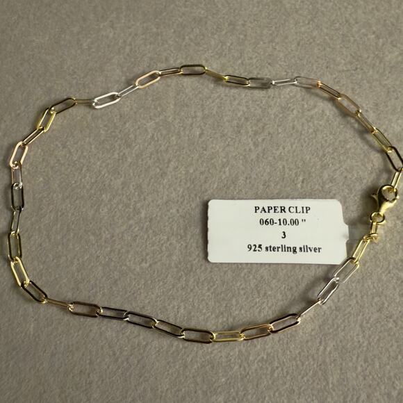 3mm Tri Gold Paperclip Anklet 10in/ 925 Silver Made In Italy BSI~NEW - Picture 3 of 6